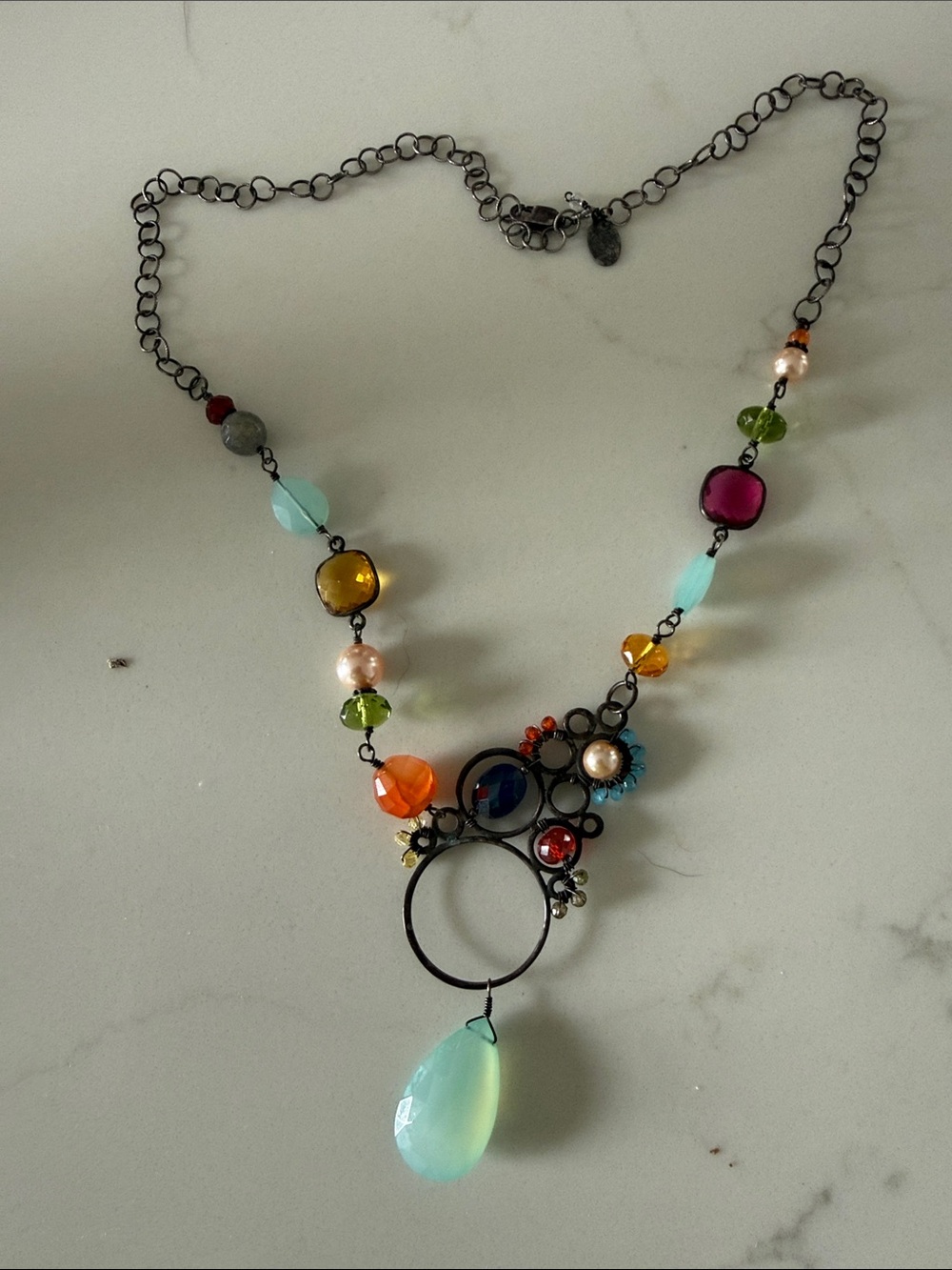 Anna Balkan - Multi-Bead Pendant Necklace - Aqua Teardrop